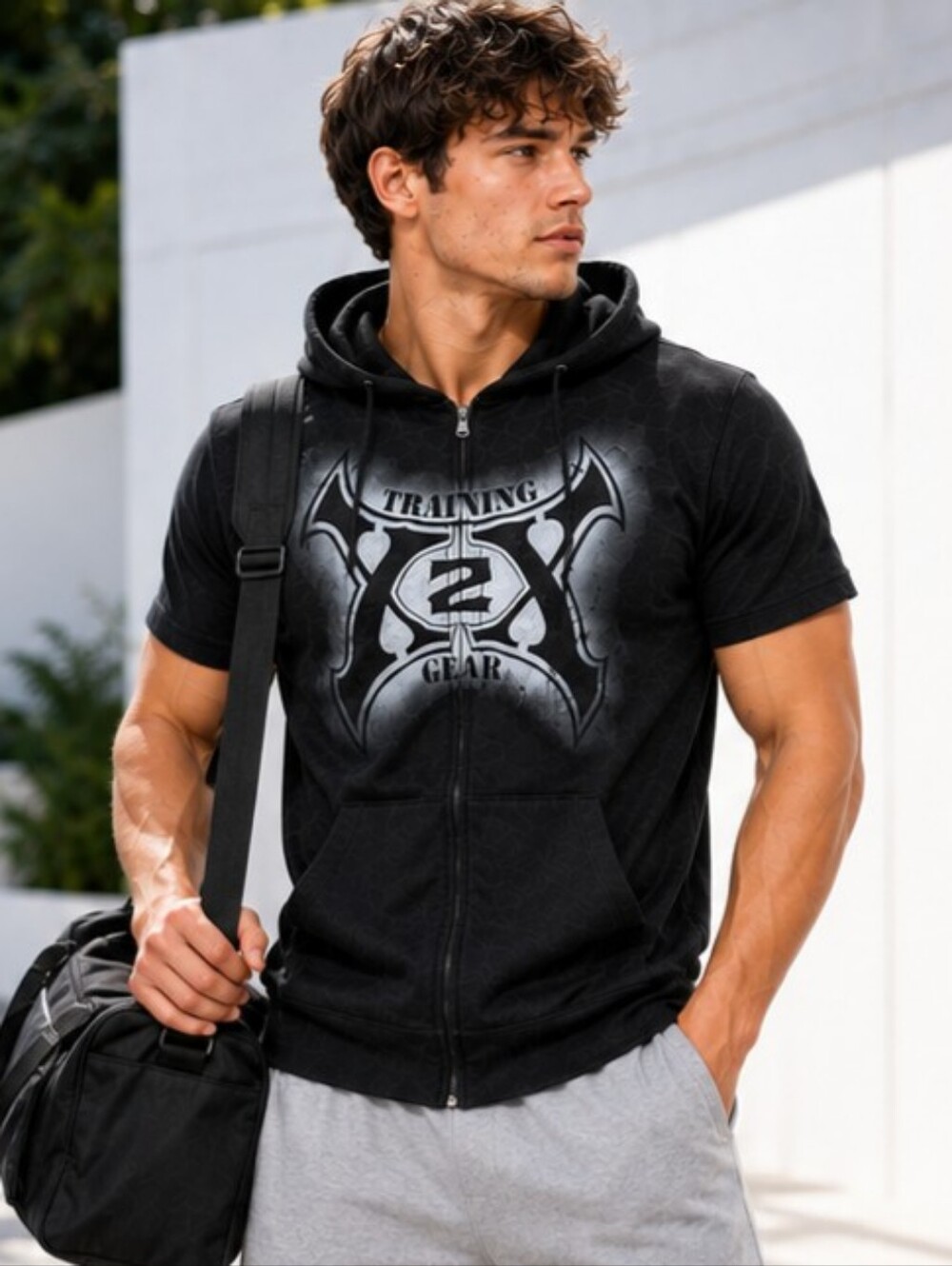 X2X Activewear Black Short Sleeve Zip Hoodie L